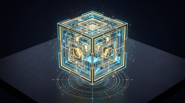 Clean futuristic blockchain cryptography geometric cube digital twin hologram on table