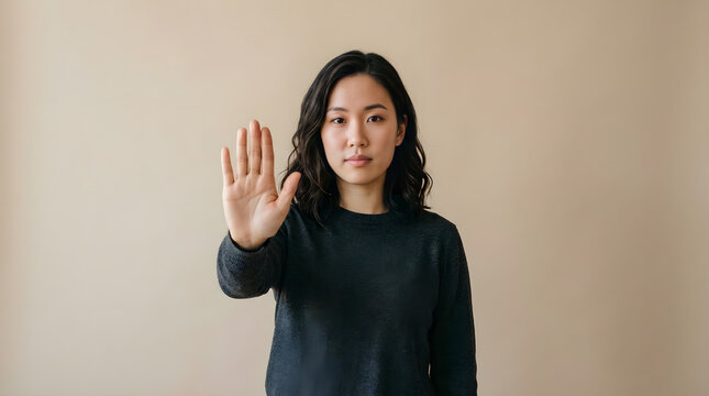 Young asian woman making a stop gesture with her hand against a