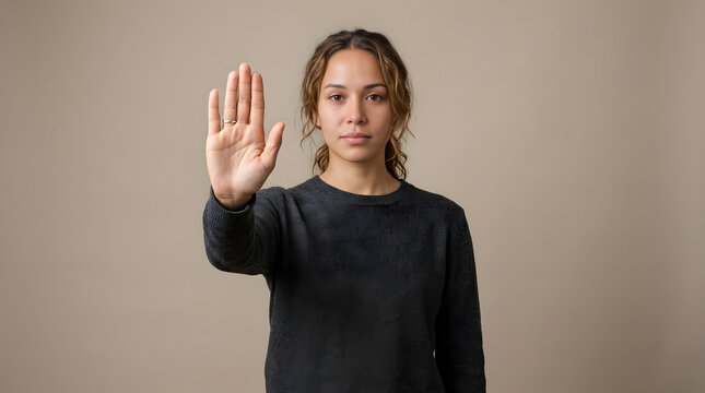 Young woman making a stop gesture with her hand isolated against a