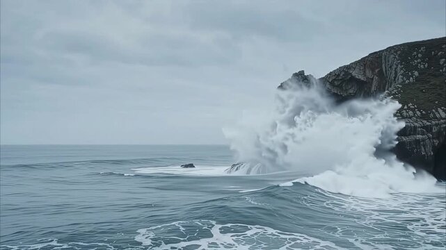 Ocean wave crashing against rocky cliff shore during stormy weather landscape scene