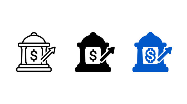 Online banking icon set with bank building and dollar growth vector symbol