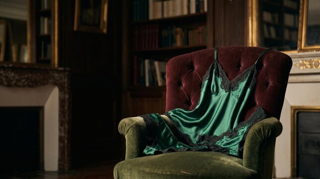 Green satin lingerie draped over a vintage velvet armchair