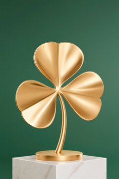 Golden sculpted four leaf clover on white marble pedestal against deep green background, metallic sheen and minimalist composition