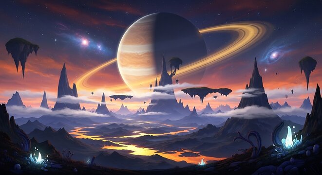 Fantasy cityscape with futuristic spaceship and glowing energy beams at dusk