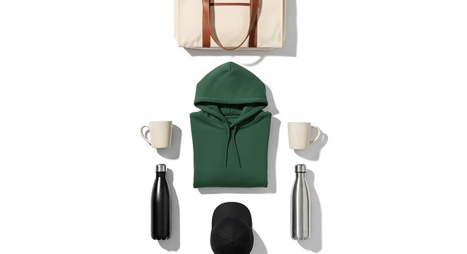 Flat lay of casual travel accessories with hoodie and bottles