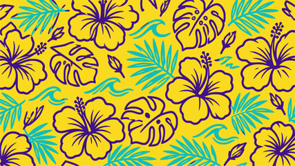 Hibiscus flower line art jersey background vector. Featuring bold outlined hibiscus blossoms, monstera leaves, palm fronds, and ocean waves in royal purple, aqua, and sunshine yellow. Island pattern © raccoontail