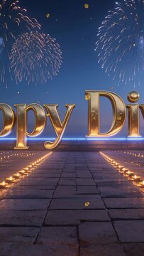 Vertical video: Camera pulling back flickering diya leading eye along path greeting text glowing