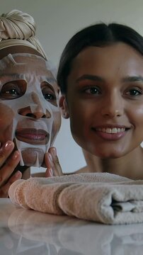 Vertical video: Reaching right woman smoothing sheet mask on left at vanity in spa attire for fit
