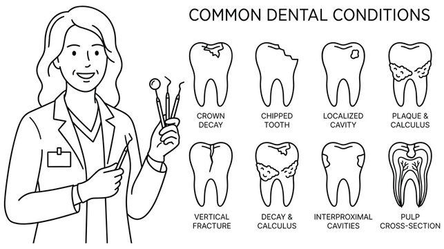 Dental conditions illustration with dentist and tooth problems for medical education.