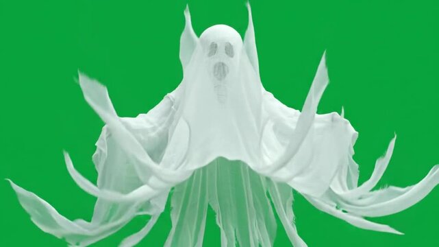 Spooky Ghost Animation on Green Screen, Floating White Sheet Phantom Character, Creepy Halloween Visual Effect Element