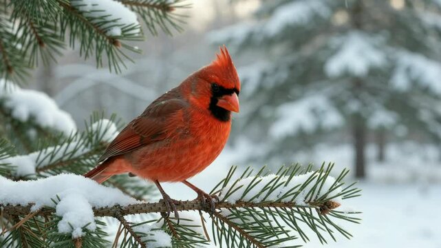 Red cardinal bird perched on snowy pine tree branch, vibrant northern cardinal in winter forest wildlife landscape
