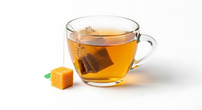 Hot tea in a glass mug with tea bags and sugar cube