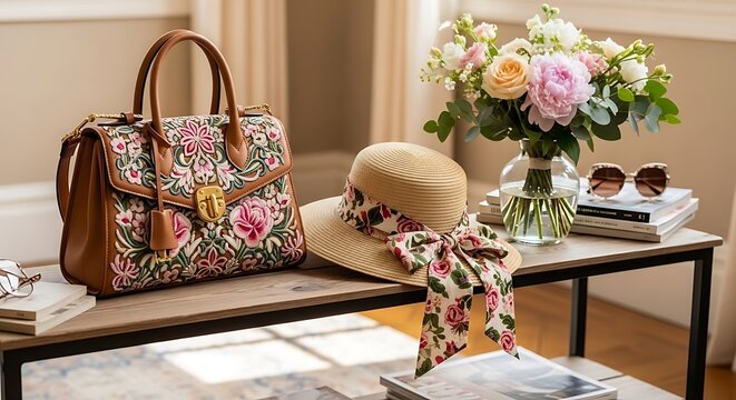 Floral patterned tote bag with straw hat and accessories on a stylish table display