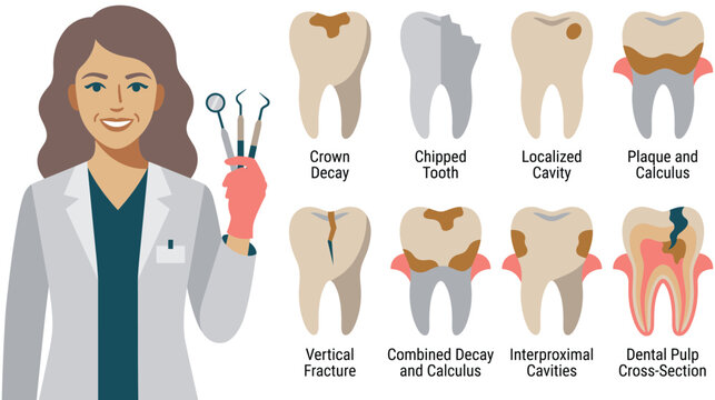 Female dentist with tools demonstrating various dental problems and tooth conditions.
