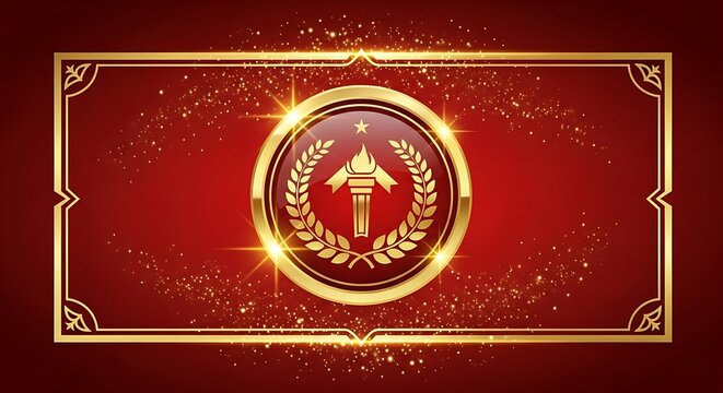 Golden victory laurel wreath emblem with torch on red glowing background