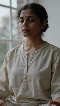 Vertical video: Breathing slowly, Indian woman in beige kurta holding mudra for calm beside window