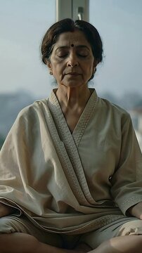 Vertical video: Starting inhale older woman rising chest head at apt window cushion robe meditating