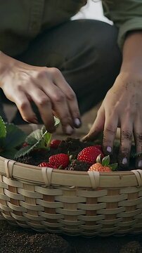 Vertical video: Picking woman spotting ripe strawberry and pinching into basket in yard