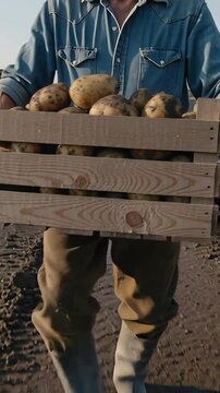 Vertical video: Walking farm worker carrying potato crate on muddy track after harvest, straw hat
