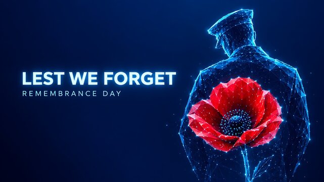 Digital wireframe soldier holding a bright red poppy flower with text overlay remembrance day ca lest we forget art blue background human figure military