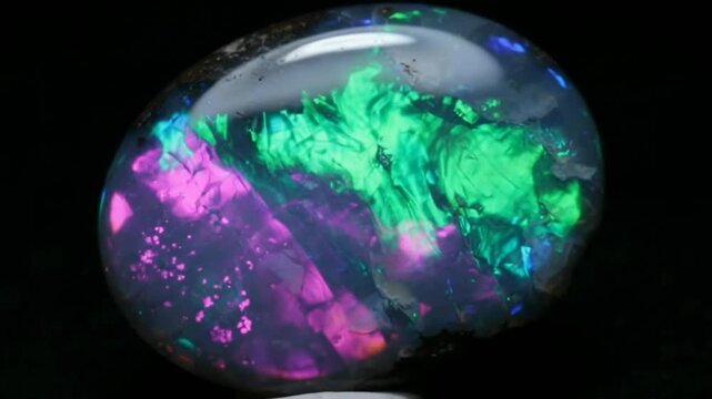 Iridescent Black Opal Gemstone Macro, Polished Natural Gem Mineral with Green Purple Fire, Precious Crystal Jewel