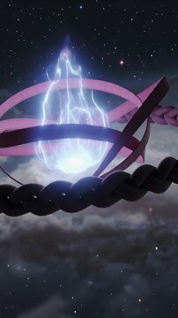 Vertical video: Brightening energy orb sending bolts, ribbons weaving and chain framing cloud layer