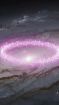 Vertical video: Sparking pink filament driving spiral galaxy forming pink ring around core in space