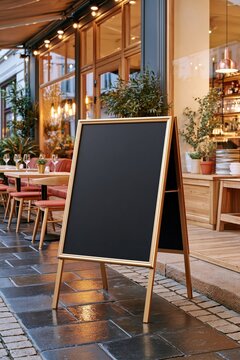 Empty black chalkboard sign with gold frame on wet cobblestone sidewalk outside modern cafe with wooden tables and warm interior lighting