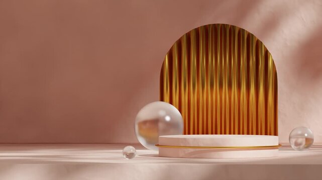 3d video rendering empty mockup of pink color cylinder podium seamless loop shadow animation with gold colored metallic arch