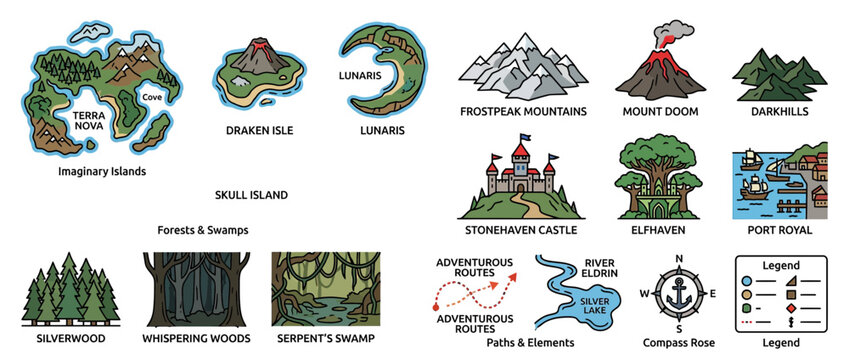 Fantasy Map Elements Collection: Islands, Castles, Forests, Volcano