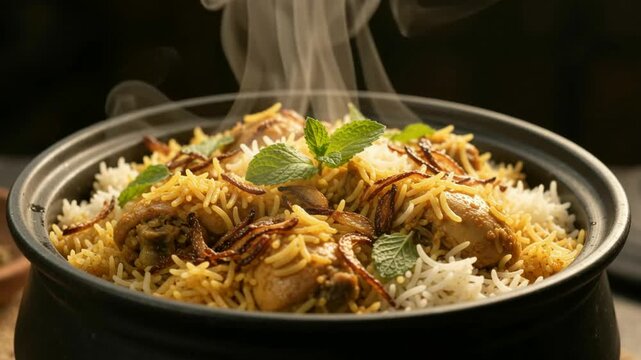 Steaming hot chicken biryani in clay handi pot, delicious cooked Indian basmati rice dish, authentic spicy culinary cuisine footage