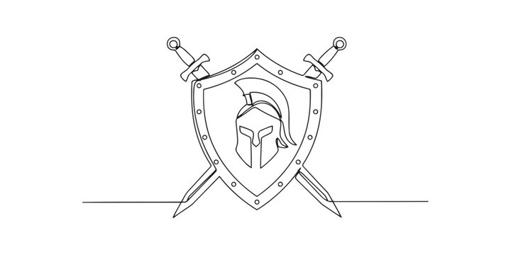 Spartan helmet icon with crossed swords and shield in simple black line art style