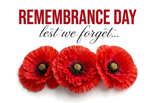 Remembrance day card with red poppies and the text lest we forget isolated on white background