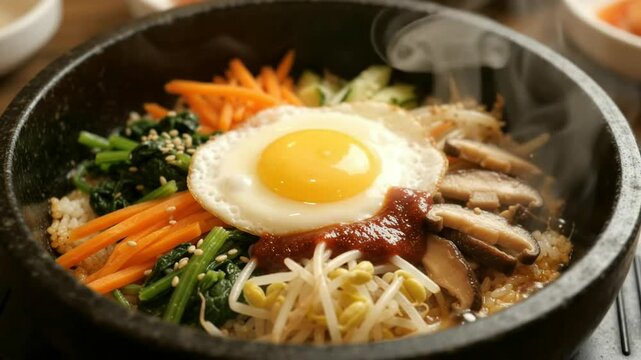 Sizzling Korean Bibimbap in Hot Stone Bowl, Steaming Rice with Fried Egg and Vegetables, Authentic Asian Culinary Food Video