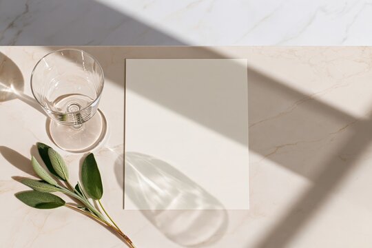Empty card on marble surface with glass and sage leaves, natural light casting shadows, minimalist flat lay composition