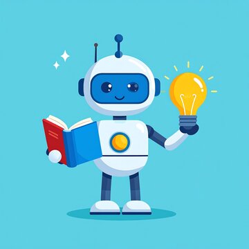Creative illustration of a robot thinking with lightbulb idea.