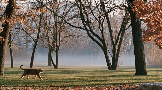 Orange tabby cat walking across misty park lawn at sunrise, bare trees and autumn leaves in soft golden light
