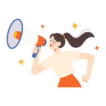 Flat Cartoon Ponytail Woman Using Megaphone, Cheerful Promotion and Announcement Illustration