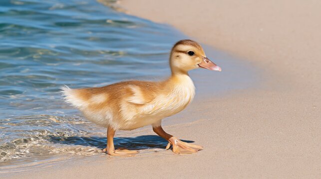 Fluffy yellow duckling walking along sandy beach with shallow water ripples and natural sunlight highlighting feathers