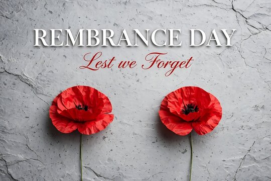 Remembrance day background with two red poppy flowers on a textured grey stone surface, lest we forget text