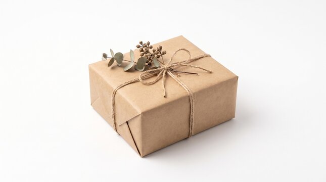 Minimalist rectangular gift box wrapped in recycled brown paper decorated with dried eucalyptus branches and rustic twine string