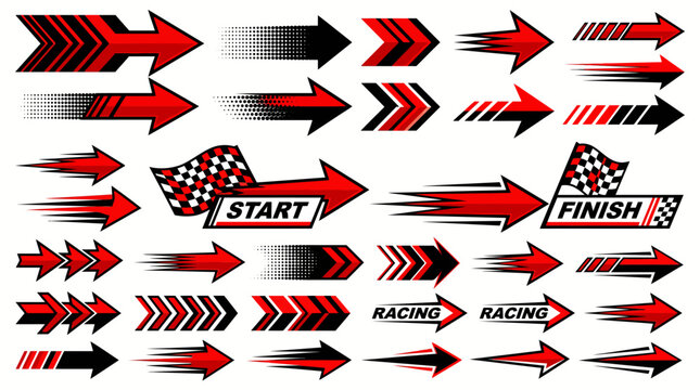 Set of red and black racing arrows and speed decals for motorsport design, featuring checkered flags and dynamic motion lines.