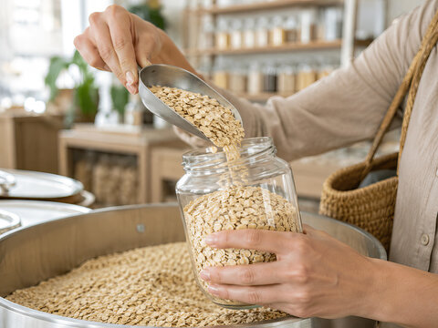 A woman pours rolled oats from a metal scoop into a clear glass jar within a bright retail environment.