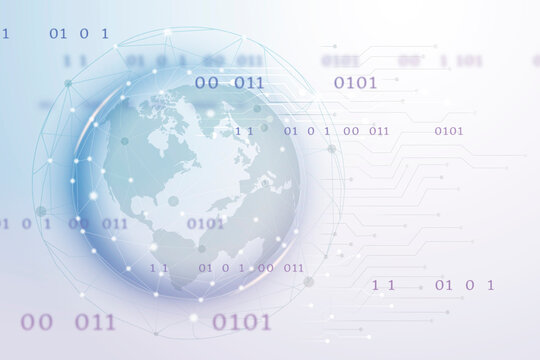 Digital globe with binary code and circuit lines on a light background.