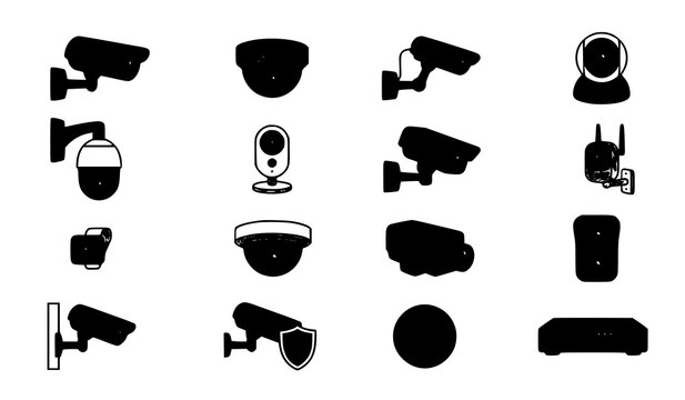 Video surveillance equipment icon set featuring cctv security cameras dome cameras and video recorder system