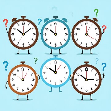 Colorful educational clock faces with question marks for learning time.