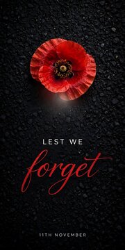 Remembrance day poppy flower on dark asphalt background with lest we forget text