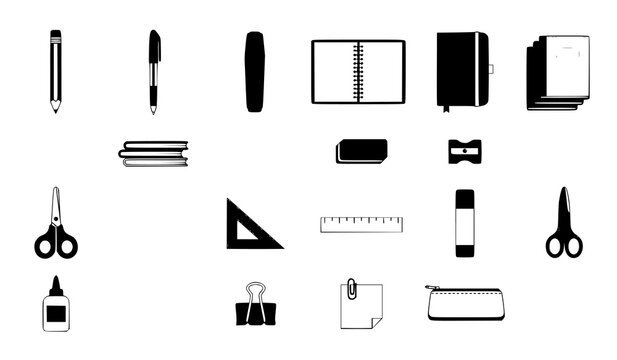 Office stationery icon collection with pencil notebook eraser sharpener scissors ruler glue and binder clip