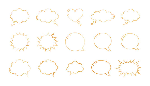 Set of handdrawn golden speech bubbles and thought clouds isolated on transparent background