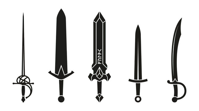 Collection of Five Silhouette Swords on Transparent Background